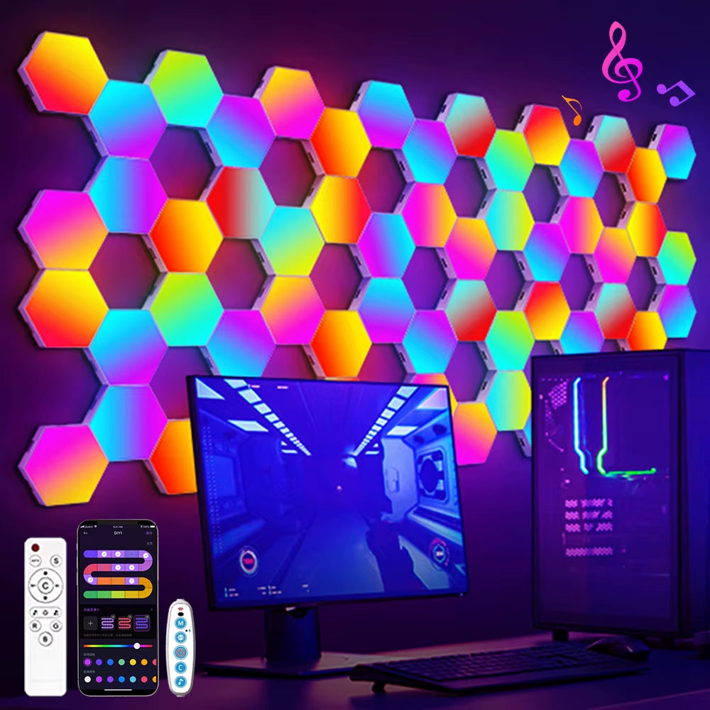 RGB Smart Hexagonal Wall Lamp Color Changing Ambient Night Light DIY Shape Music Rhythm APP for Game Room Bedroom Intelligent