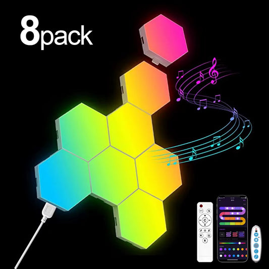 RGB Smart Hexagonal Wall Lamp Color Changing Ambient Night Light DIY Shape Music Rhythm APP for Game Room Bedroom Intelligent